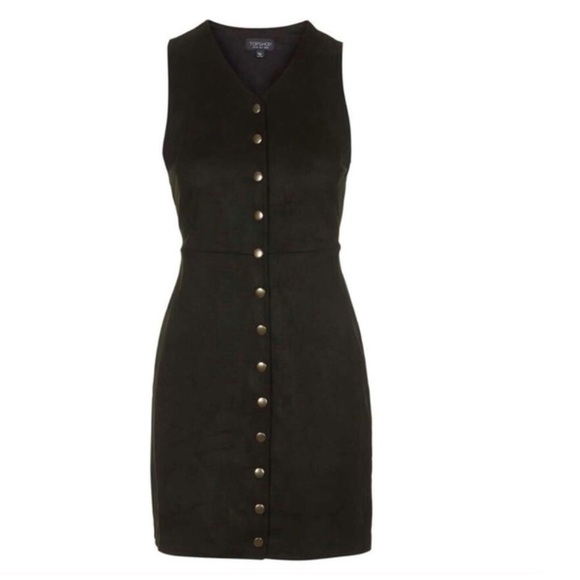 Topshop Women's Sleeveless Faux Vegan Suede Mini Dress Snap Front Black 4 NWT - Picture 1 of 7